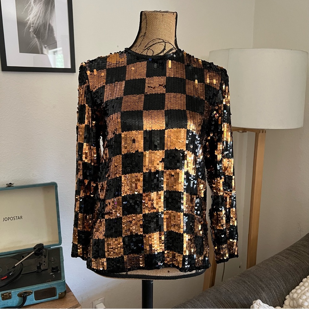 Argenti Vintage Black & Copper Sequins Checkered Silk Blouse Size S